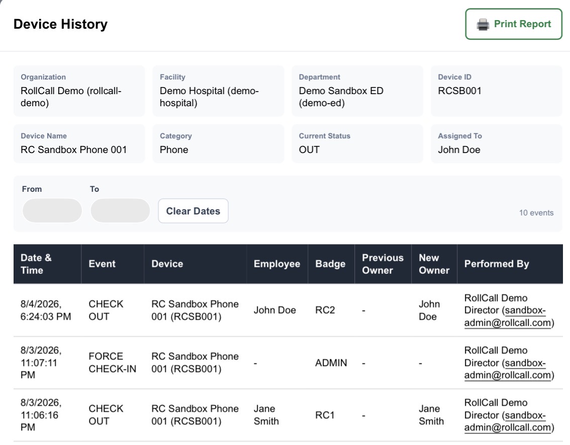 RollCall Device History report showing the lifecycle of a device