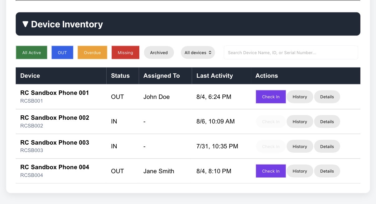 RollCall device inventory showing device statuses and filters