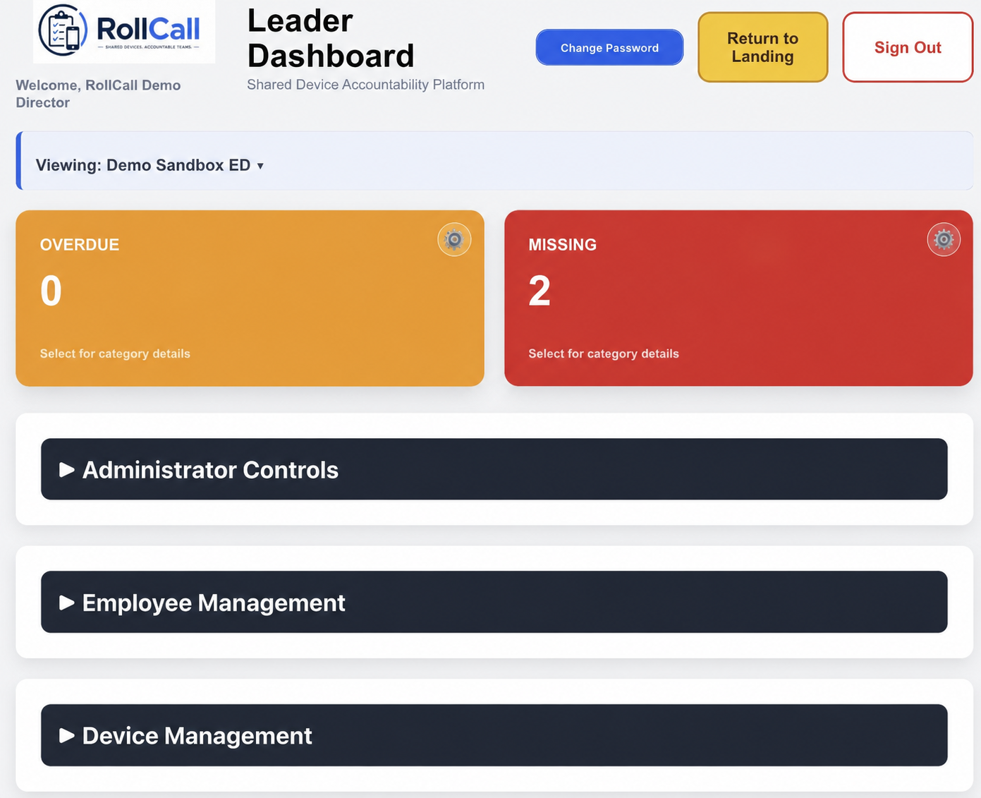 RollCall Leader Dashboard with Overdue and Missing KPI cards