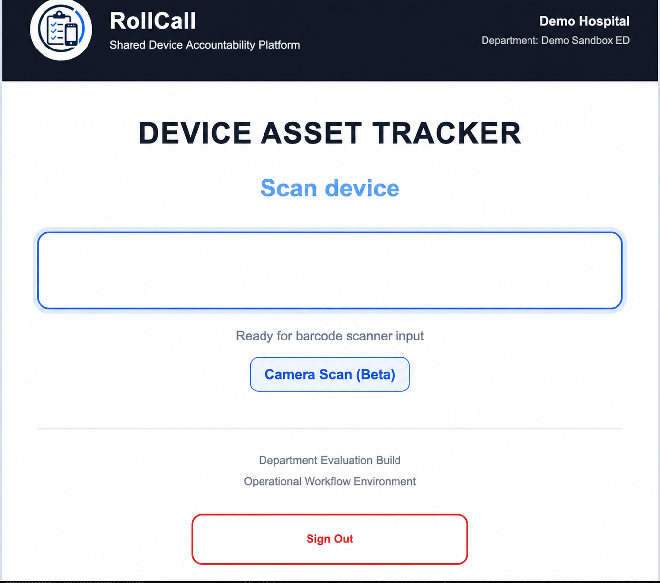 RollCall scanner showing a simple device and employee badge workflow